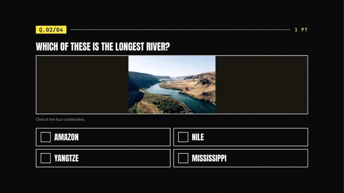 A multiple-choice question on the Marquee presenter theme: which of these is the longest river — Amazon, Nile, Yangtze or Mississippi — with a river photo above the options.